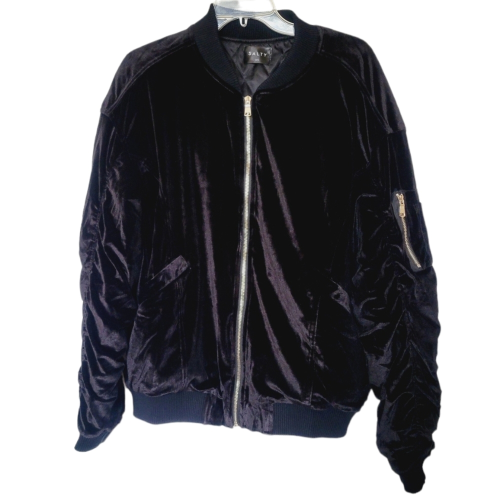 NWT Black Velvet Ruched Sleeve Bomber Jacket - Picture 7 of 13